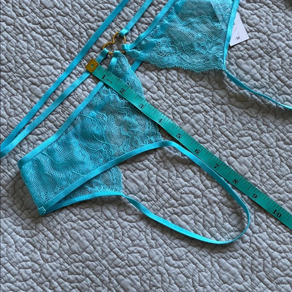 New Adore Me Turquoise Lace Cut Out Strappy Panty Gold Heart Open Back Underwear